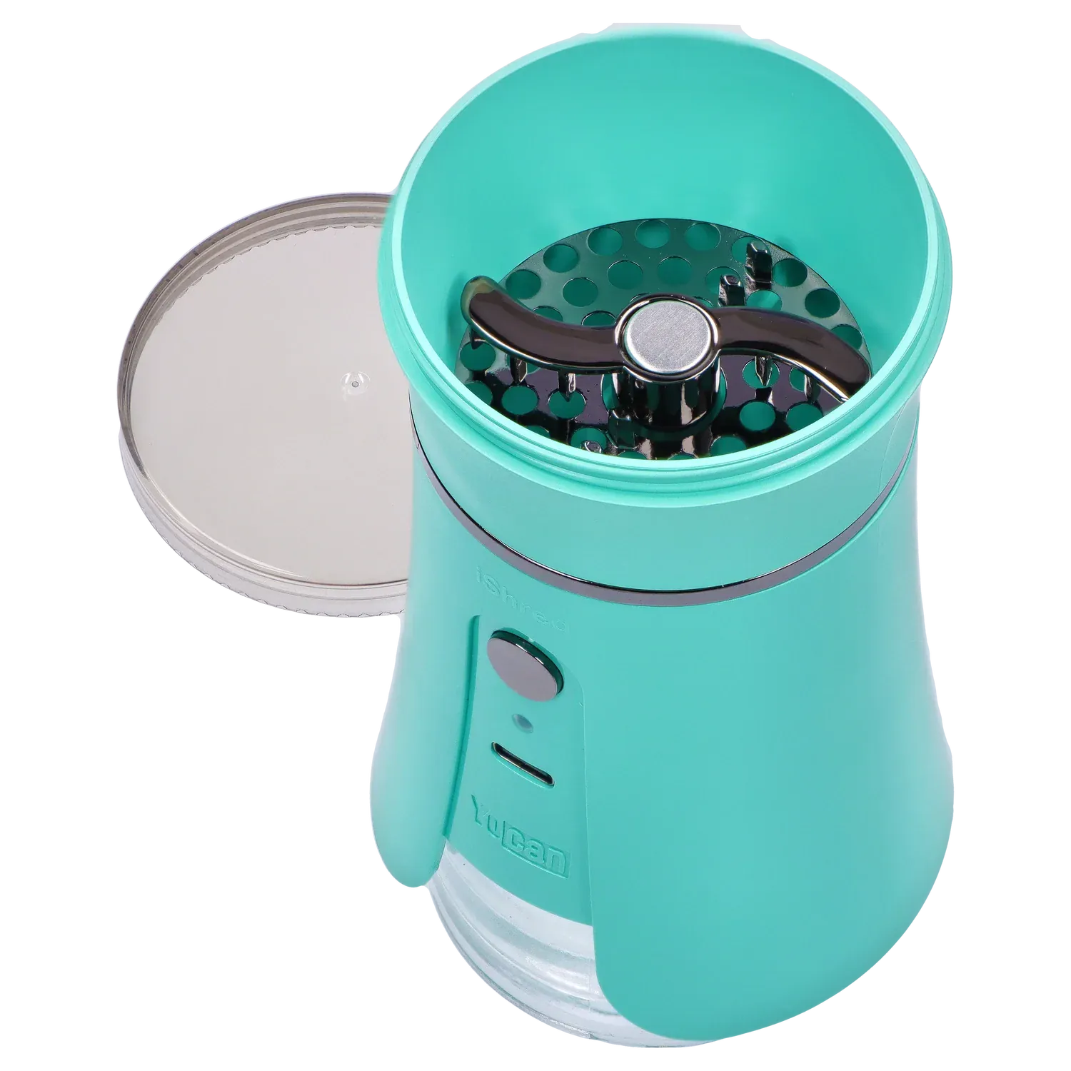 Top-down view of the open Yocan iShred Electronic Grinder – Green showing its teal chamber, silver lid beside it, and black three-prong shredding blade.