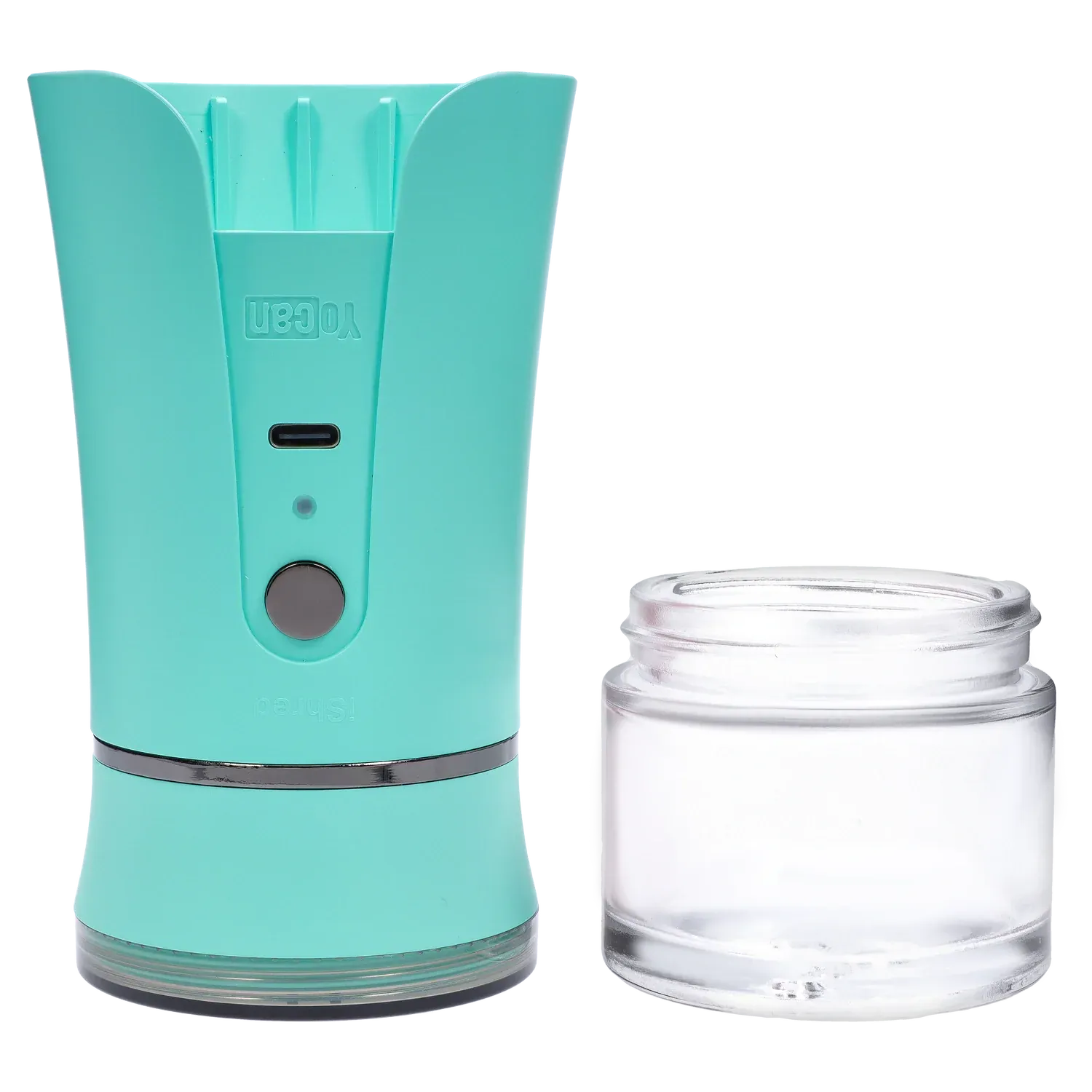 Close-up front view of the green Yocan iShred Electronic Grinder showing its rounded top, power button and clear removable jar.