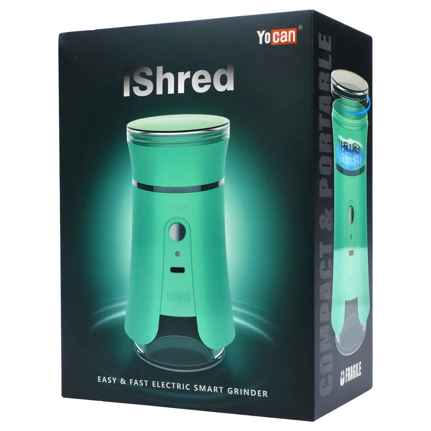 Angled front view of the green Yocan iShred Electronic Grinder on its dark branded packaging, lit with a soft teal glow.