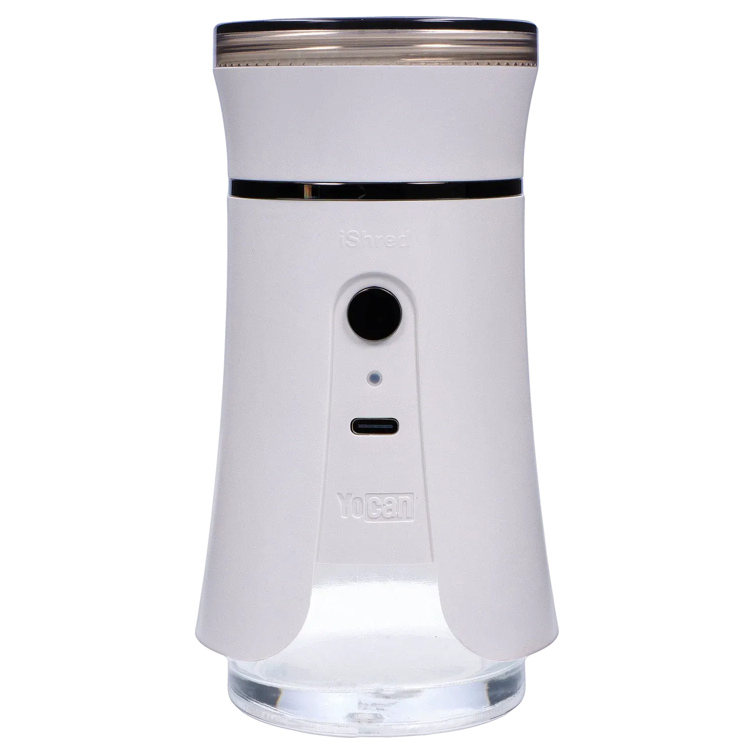 Front-facing close-up of the ivory Yocan iShred Electronic Grinder showing its cylindrical top, central button and USB-C port against a soft gray striped background
