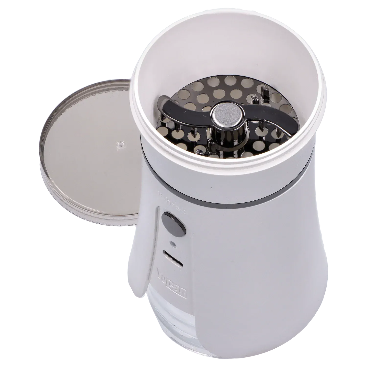 Top-down close-up of the ivory Yocan iShred Electronic Grinder showing its open chamber with a visible two-blade metal grinding plate and removed lid.