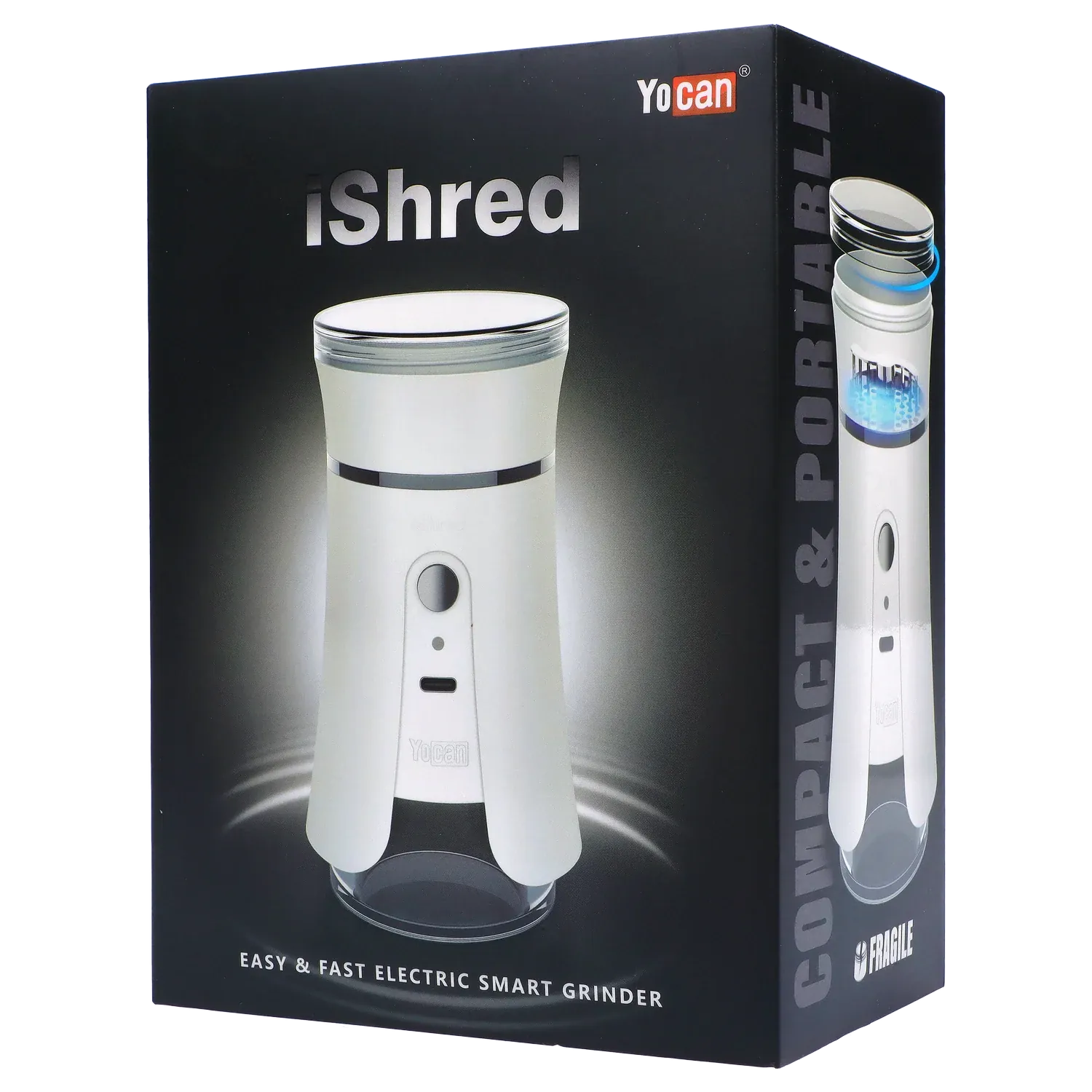 Angled front view of the ivory Yocan iShred Electronic Grinder on its black product box, spotlighted against a dark gradient background
