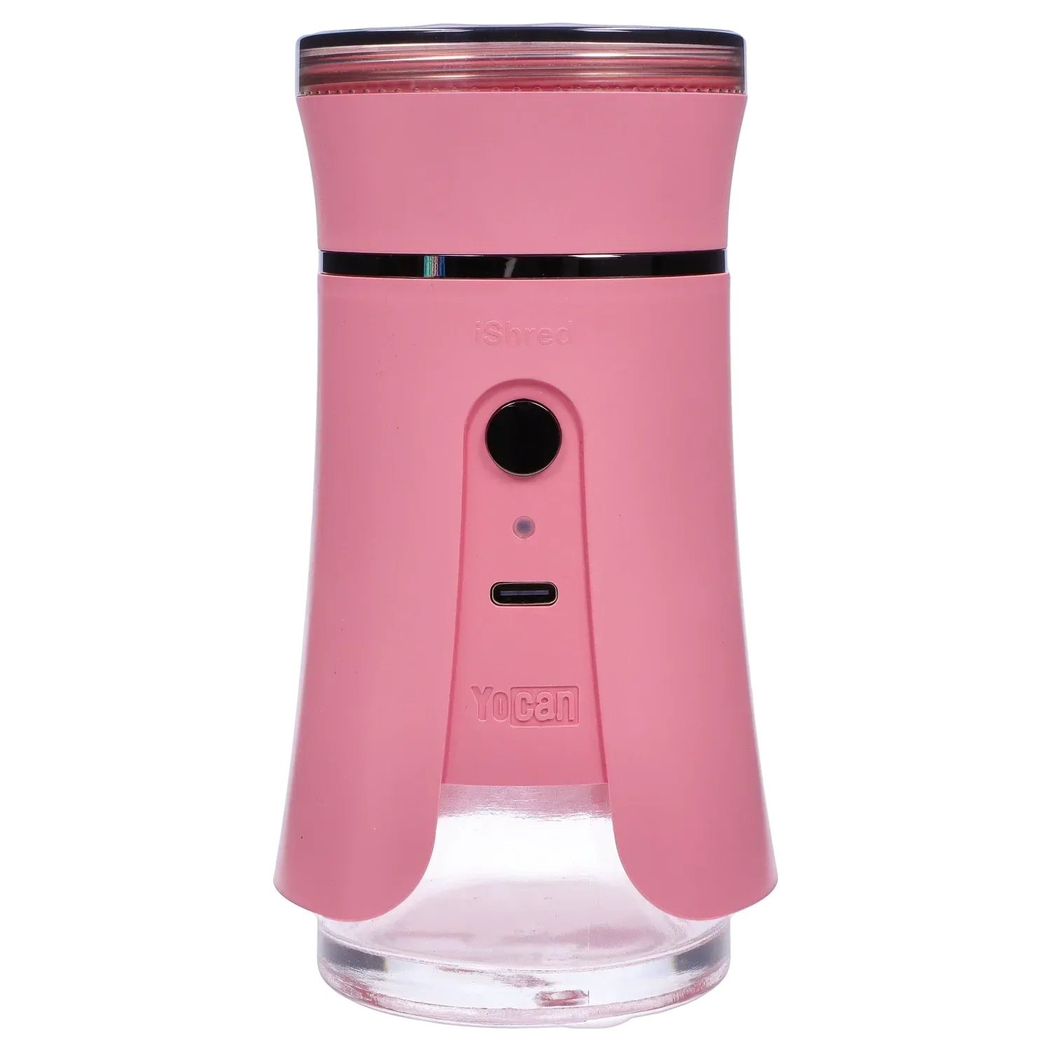 Front-facing close-up of the pink Yocan iShred Electronic Grinder showing its cylindrical top, central power button, USB-C port and clear base.