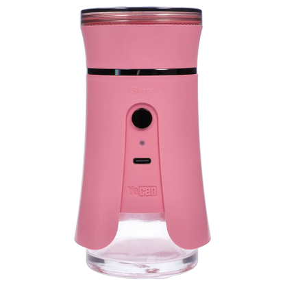 Front-facing close-up of the pink Yocan iShred Electronic Grinder showing its cylindrical top, central power button, USB-C port and clear base.