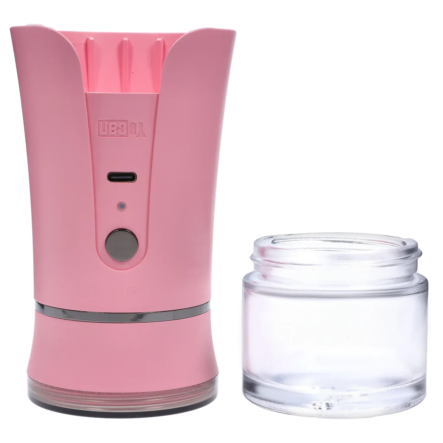 Close-up front view of the pink Yocan iShred Electronic Grinder showing its curved top, central button and USB port beside a clear detachable glass jar.