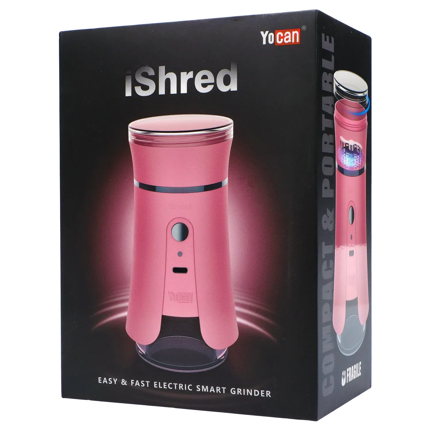 Angled front view of the pink Yocan iShred Electronic Grinder box showing the device centered against a dark background with reflective highlights.