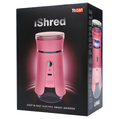 Angled front view of the pink Yocan iShred Electronic Grinder box showing the device centered against a dark background with reflective highlights.
