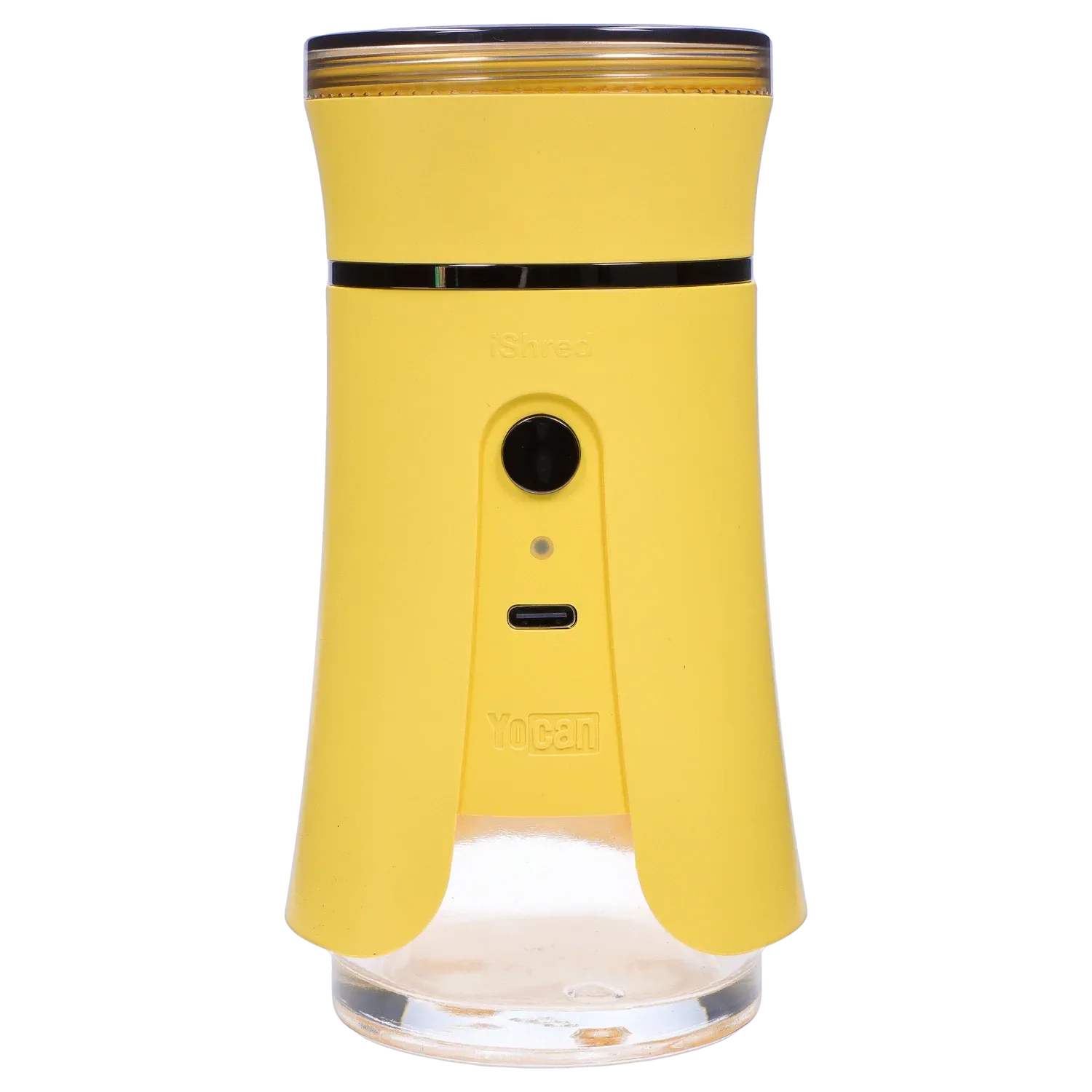 Front-facing close-up of the yellow Yocan iShred Electronic Grinder showing its round top, central button and USB-C port.