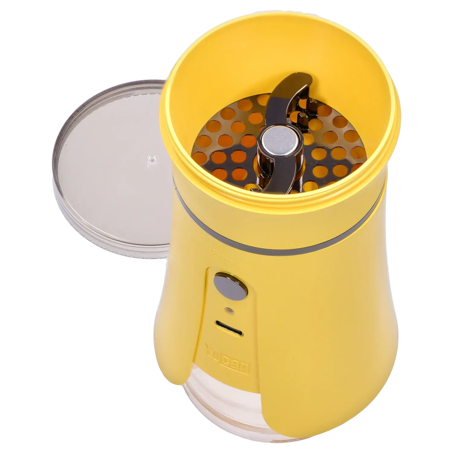 Top-down close-up of the open Yocan iShred Electronic Grinder – Yellow showing its yellow bowl, metal grinding plate and clear lid beside it.