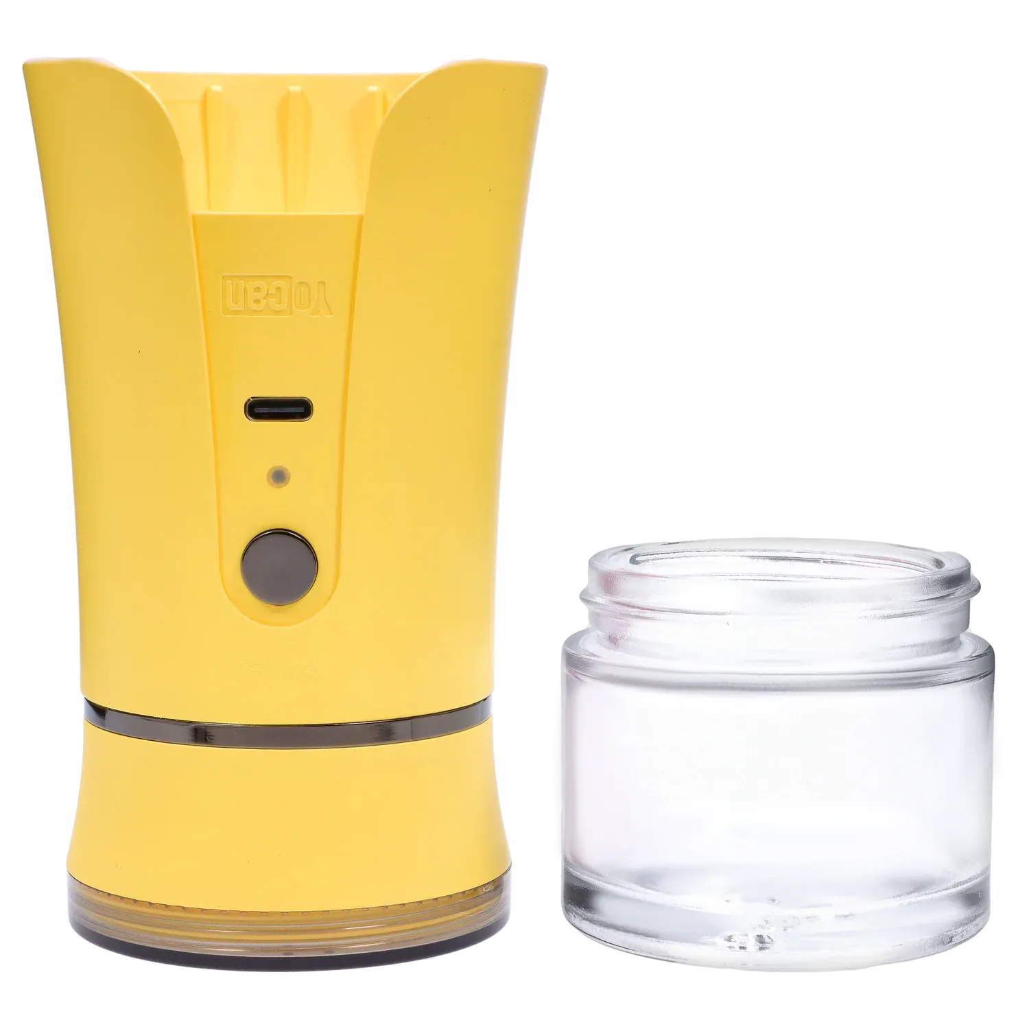 Close front view of the yellow Yocan iShred Electronic Grinder next to its clear collection jar on a white background.