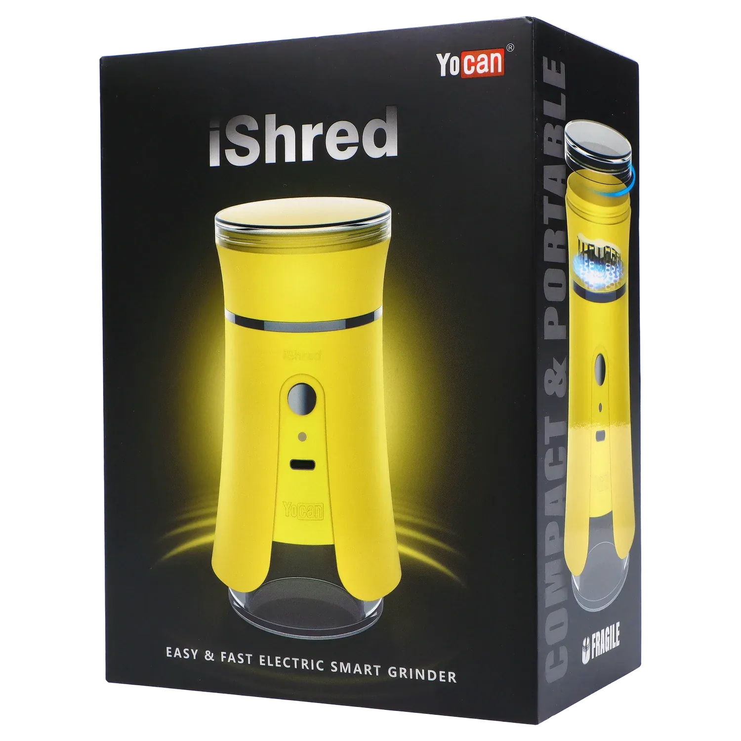 Angled front view of the bright yellow Yocan iShred Electronic Grinder – Yellow against a dark background, with product image and side graphic visible.