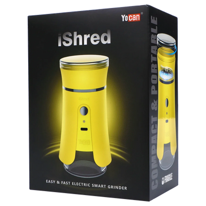 Angled front view of the bright yellow Yocan iShred Electronic Grinder – Yellow against a dark background, with product image and side graphic visible.