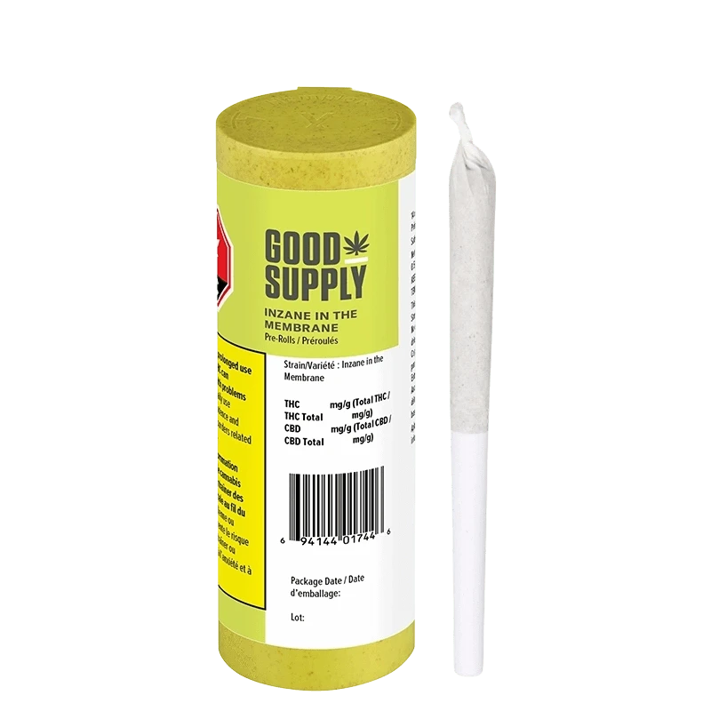 Front view of the Good Supply Inzane In The Membrane Pre Rolled 14 x 0.5 g packaging with bold branding and strain details.