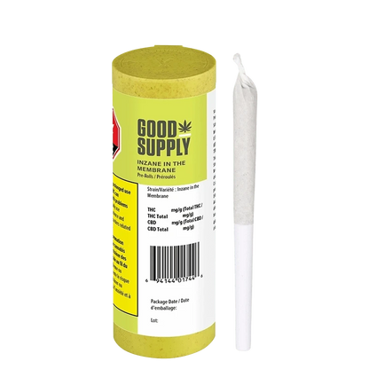 Front view of the Good Supply Inzane In The Membrane Pre Rolled 14 x 0.5 g packaging with bold branding and strain details.