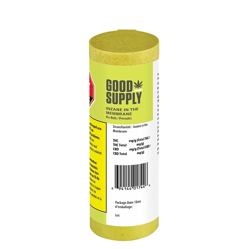 Close-up of the “Inzane In The Membrane Pre Rolled 14 x 0.5 g” packaging, showing the label’s graphic elements and text on a white background.
