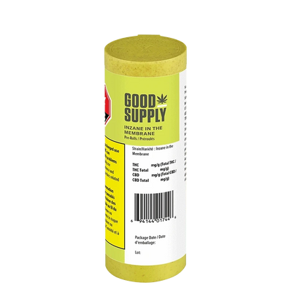 Close-up of the “Inzane In The Membrane Pre Rolled 14 x 0.5 g” packaging, showing the label’s graphic elements and text on a white background.