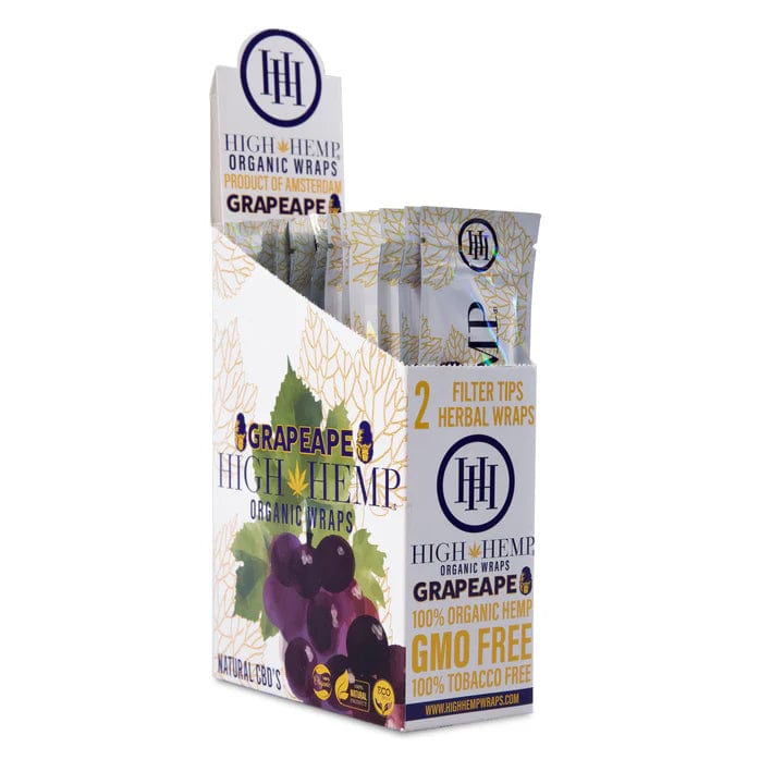 Front view of the High Hemp Wraps - Grape Ape packaging, showcasing a purple and green label with product details.