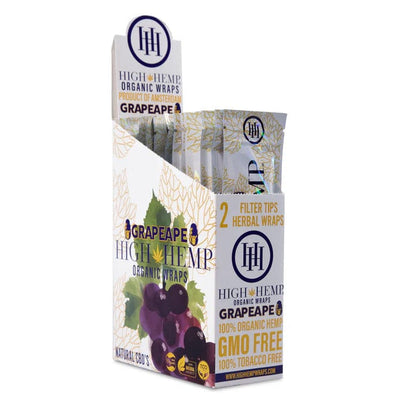 Front view of the High Hemp Wraps - Grape Ape packaging, showcasing a purple and green label with product details.