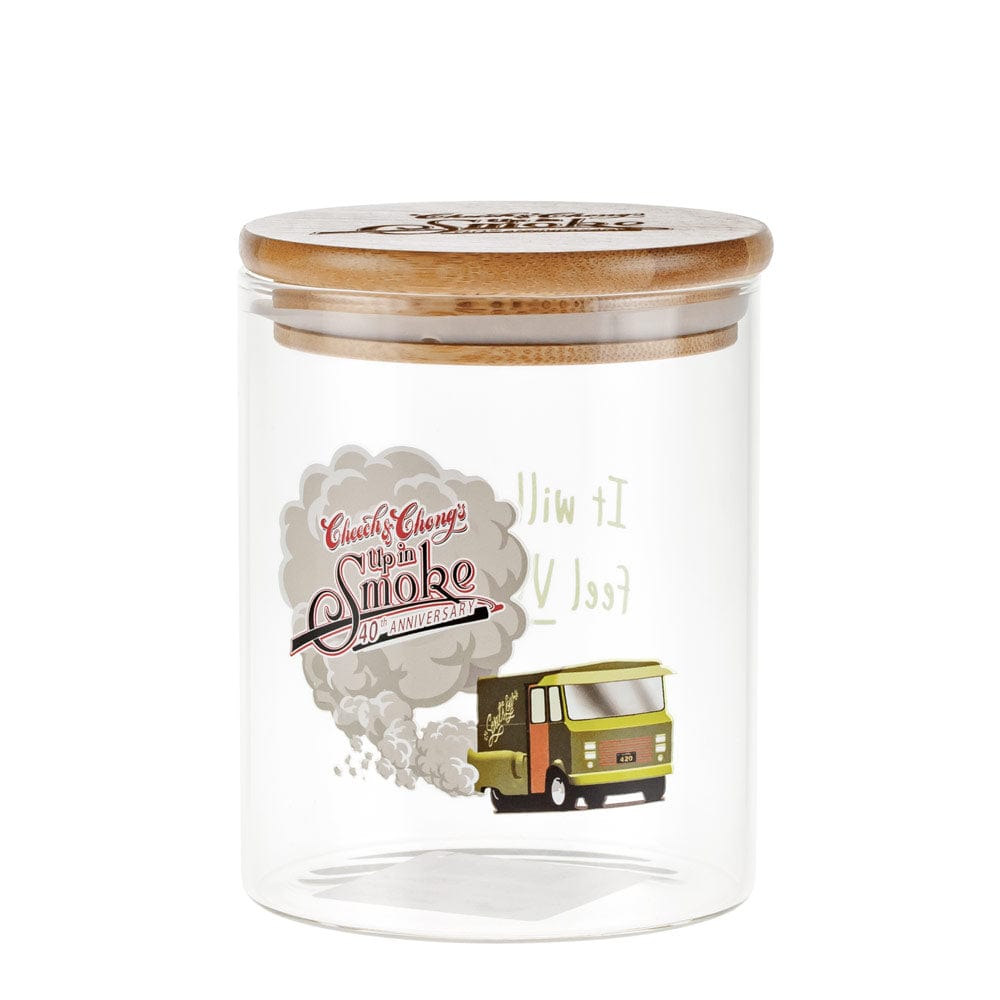 A vibrant, front view of the C&C Big Green Van Stash Jar-Large, showcasing a detailed van illustration on its green body.