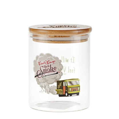 A vibrant, front view of the C&C Big Green Van Stash Jar-Large, showcasing a detailed van illustration on its green body.