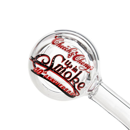 Angled close-up of the clear C&C 45 Degree Quartz Thermal Banger-Male 18mm showing its round bowl with red "Smoke" anniversary logo on a white background