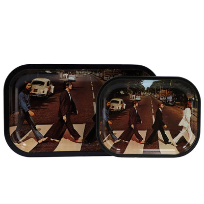 A top-down view of the Rock Legends-Fab4 Abbey Road Rolling Tray, depicting a street crossing with four figures.