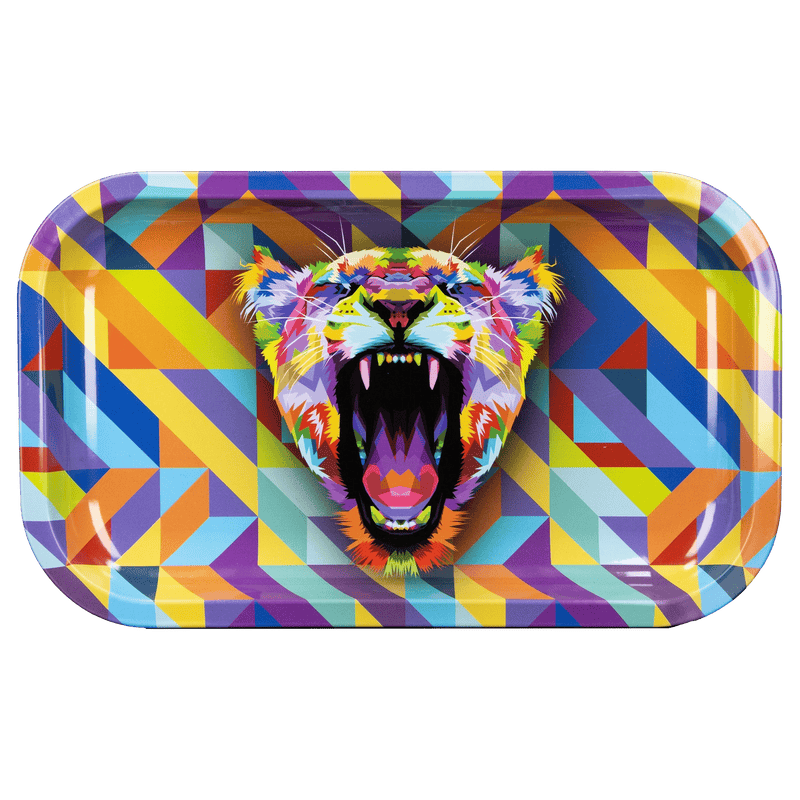 Top-down view of the JSB 15 Bucks Vertikaler Rolling Tray - Mittel showing a colorful geometric background and a roaring multicolored tiger head.
