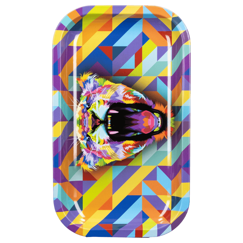 Top-down view of the JSB 15 Bucks Vertikaler Rolling Tray - Mittel featuring a colorful geometric background and a multicolored roaring tiger head at center