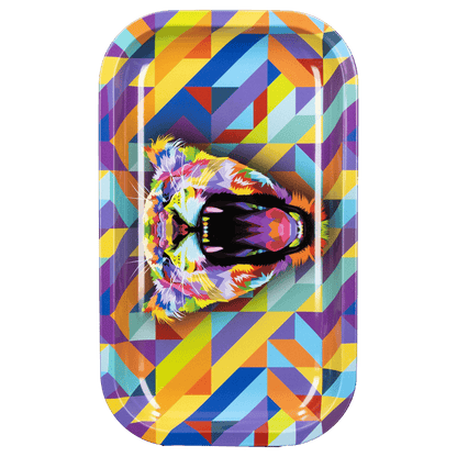 Top-down view of the JSB 15 Bucks Vertikaler Rolling Tray - Mittel featuring a colorful geometric background and a multicolored roaring tiger head at center