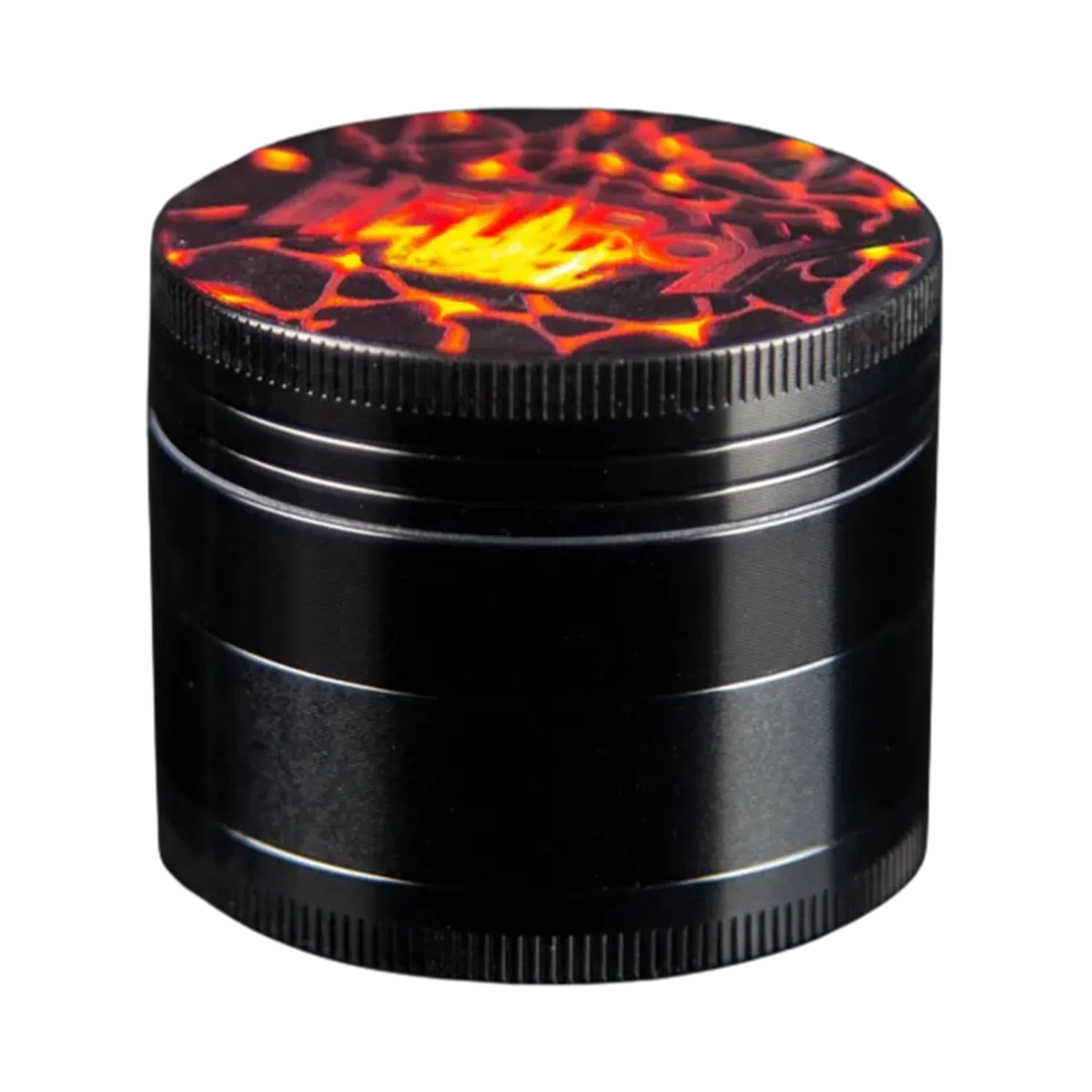 Close-up angled view of the Hellboy Inferno 3-Stufen Grinder - 50mm showing its black metal body and a fiery red-orange lava pattern on the top lid.