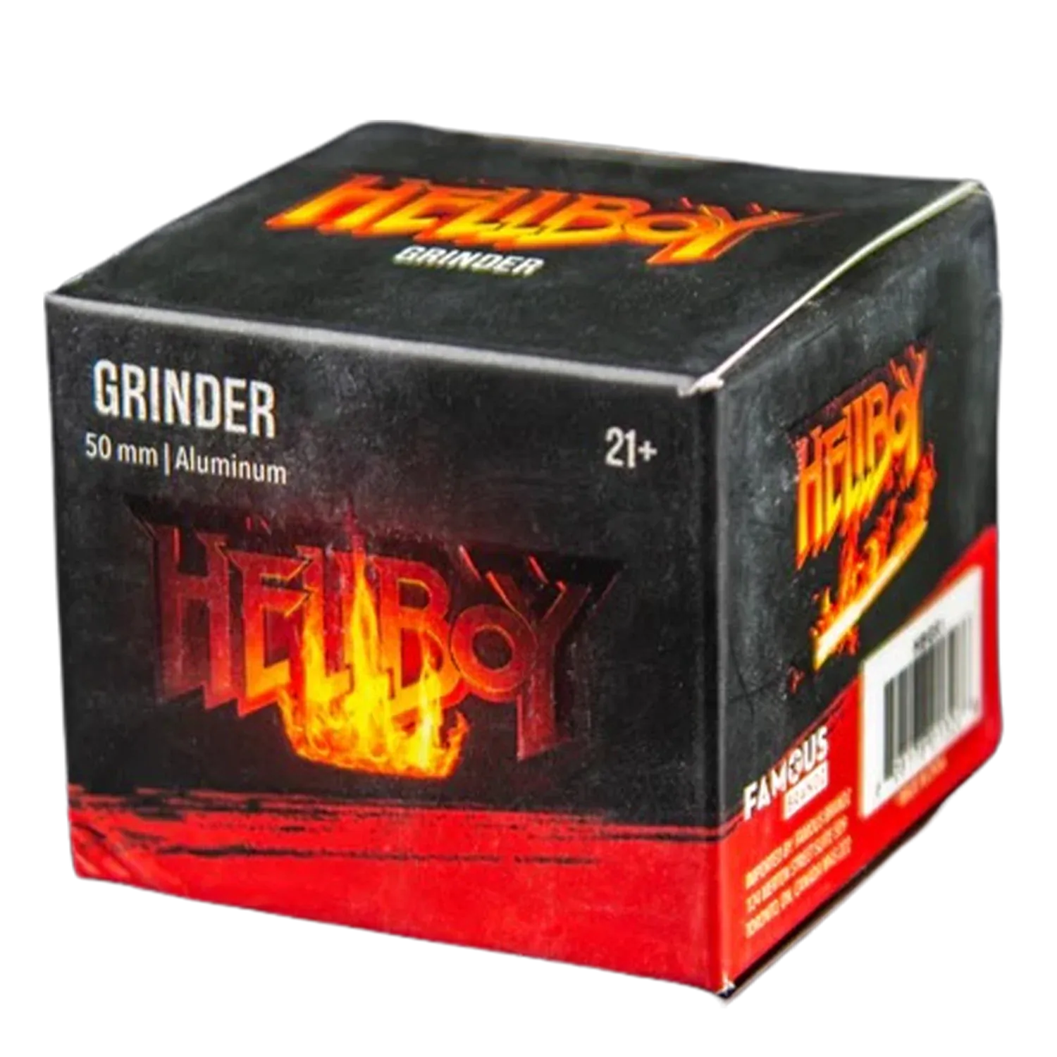 Angled close-up of the black and red Hellboy Inferno 3-Stufen Grinder - 50mm box showing flaming logo and "GRINDER 50 mm | Aluminium" text.