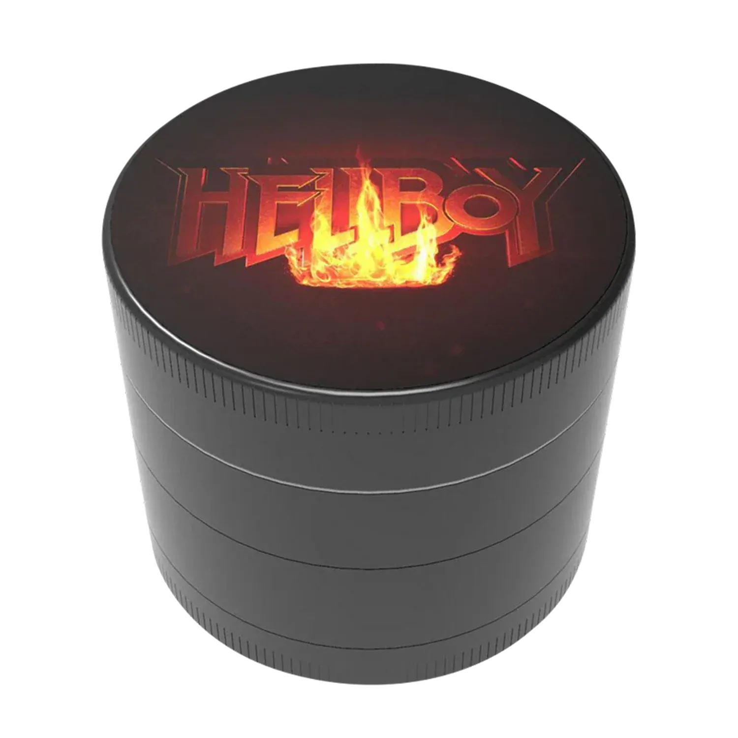 Angled close-up of the Hellboy Logo 3-Stufen Grinder showing its dark circular top with a flaming "HELLBOY" logo centered above the matte black stacked body