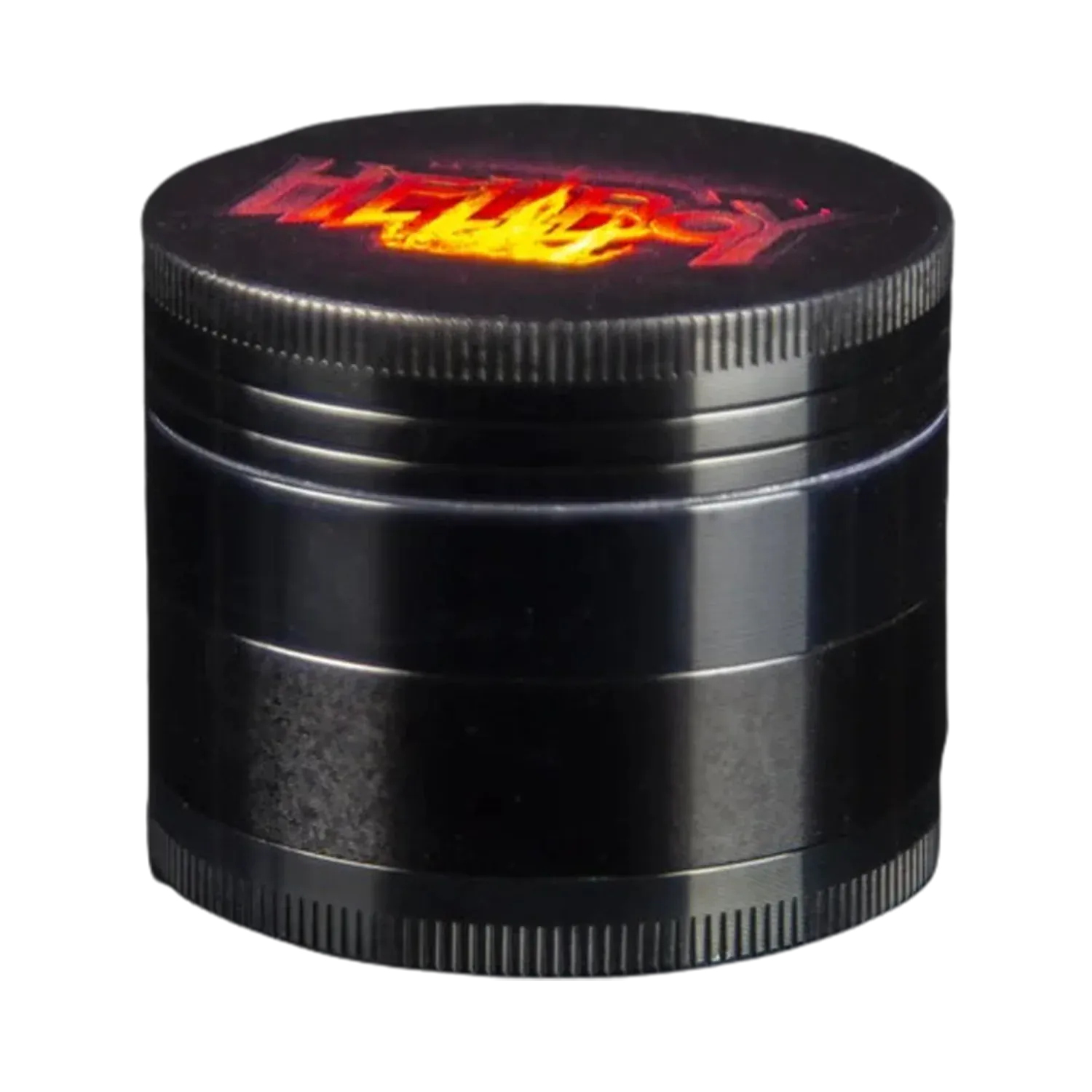 Close-up angled view of the black Hellboy Logo 3-Stufen Grinder showing the textured screw-top edge and fiery logo on the lid.