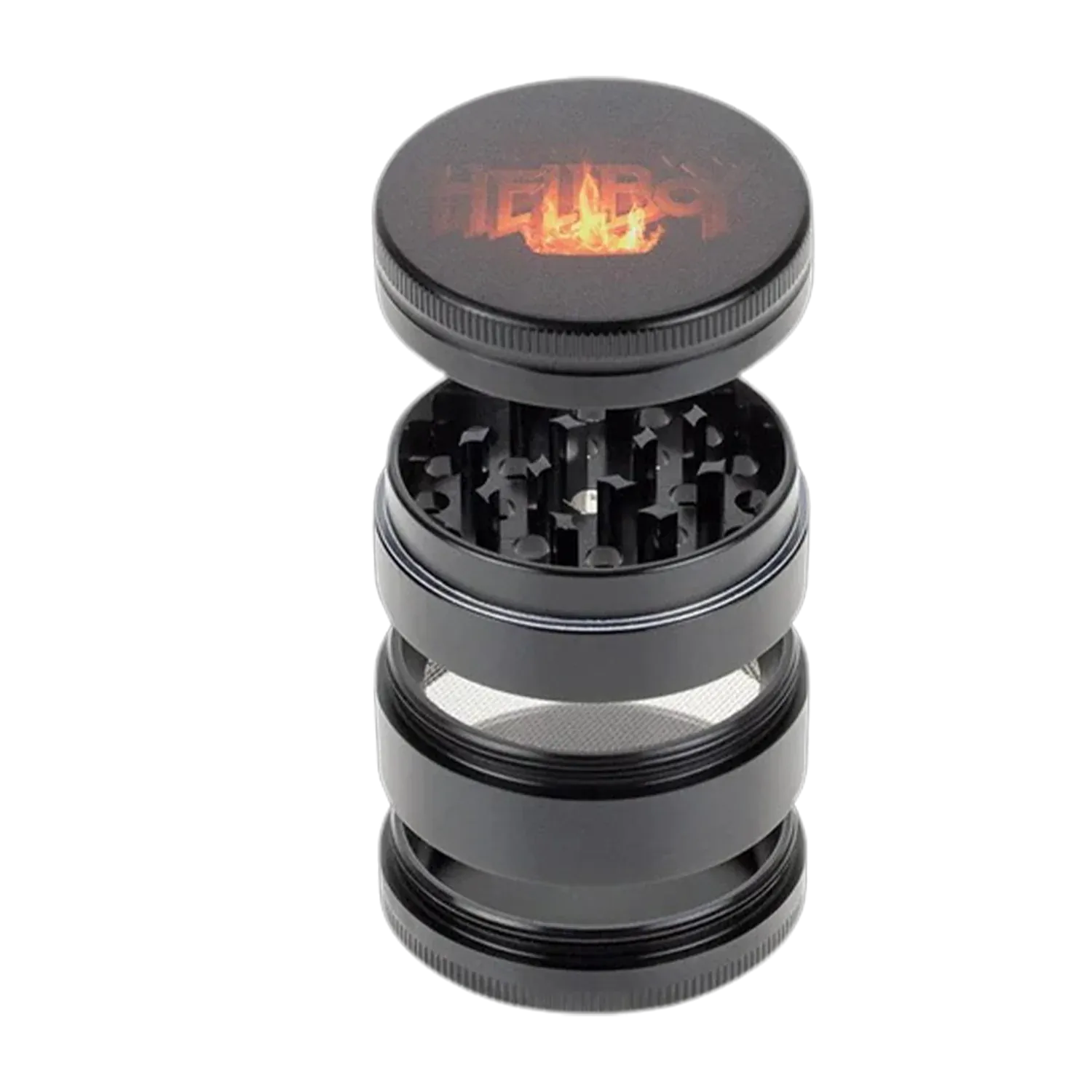 Angled view of a black Hellboy Logo 3-Stufen Grinder with its textured lid lifted to reveal sharp interior teeth and mesh screen.