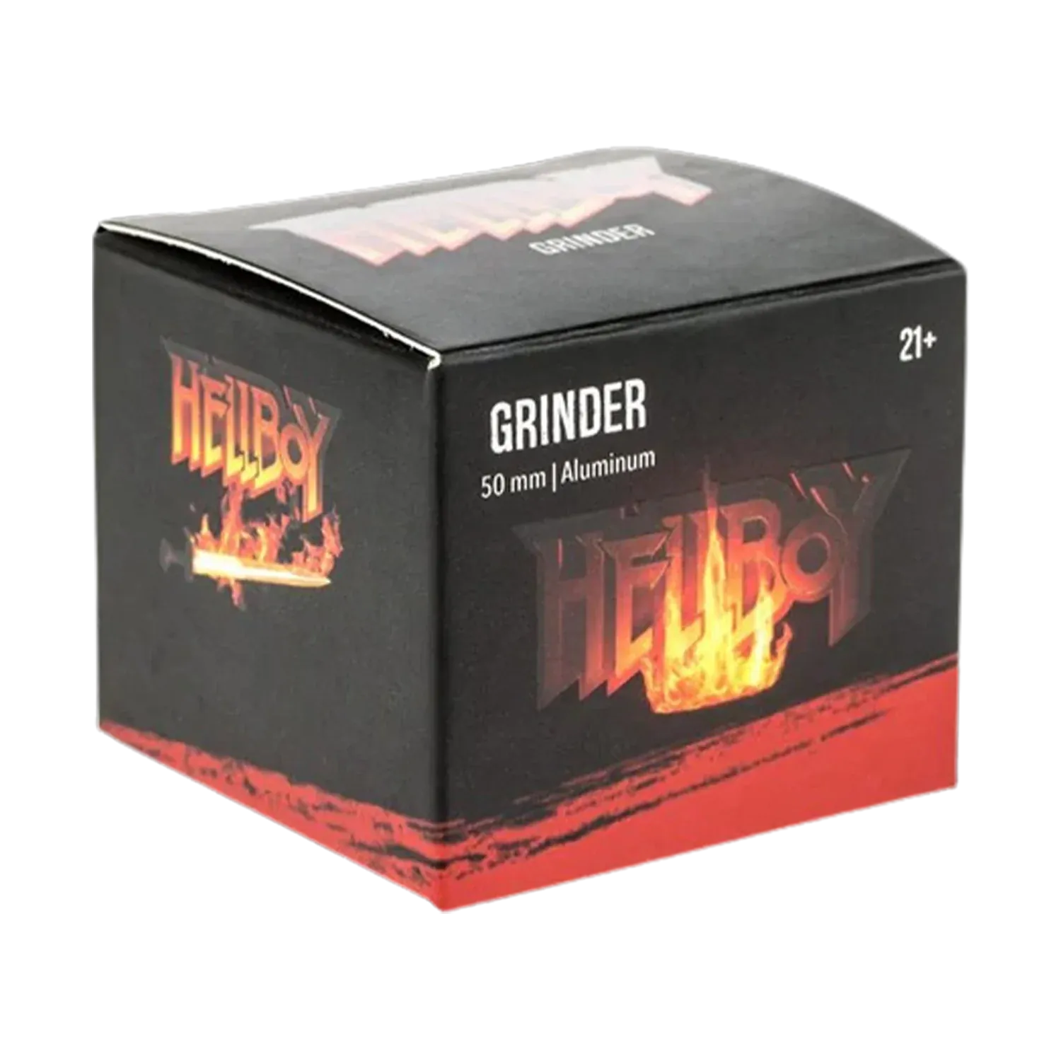 Angled three-quarter view of the Hellboy Logo 3-Stufen Grinder black box with flaming logo and "GRINDER 50 mm | Aluminum" text.