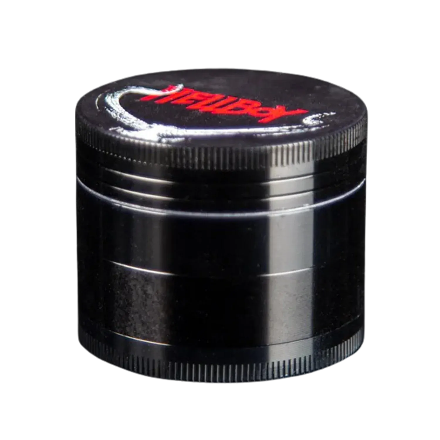 Close-up angled view of the black Hellboy Hörner 3-Stufen Grinder - Schwarz showing the textured lid edge and red logo on top.