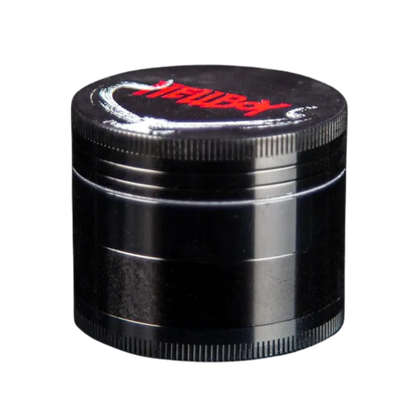 Close-up angled view of the black Hellboy Hörner 3-Stufen Grinder - Schwarz showing the textured lid edge and red logo on top.