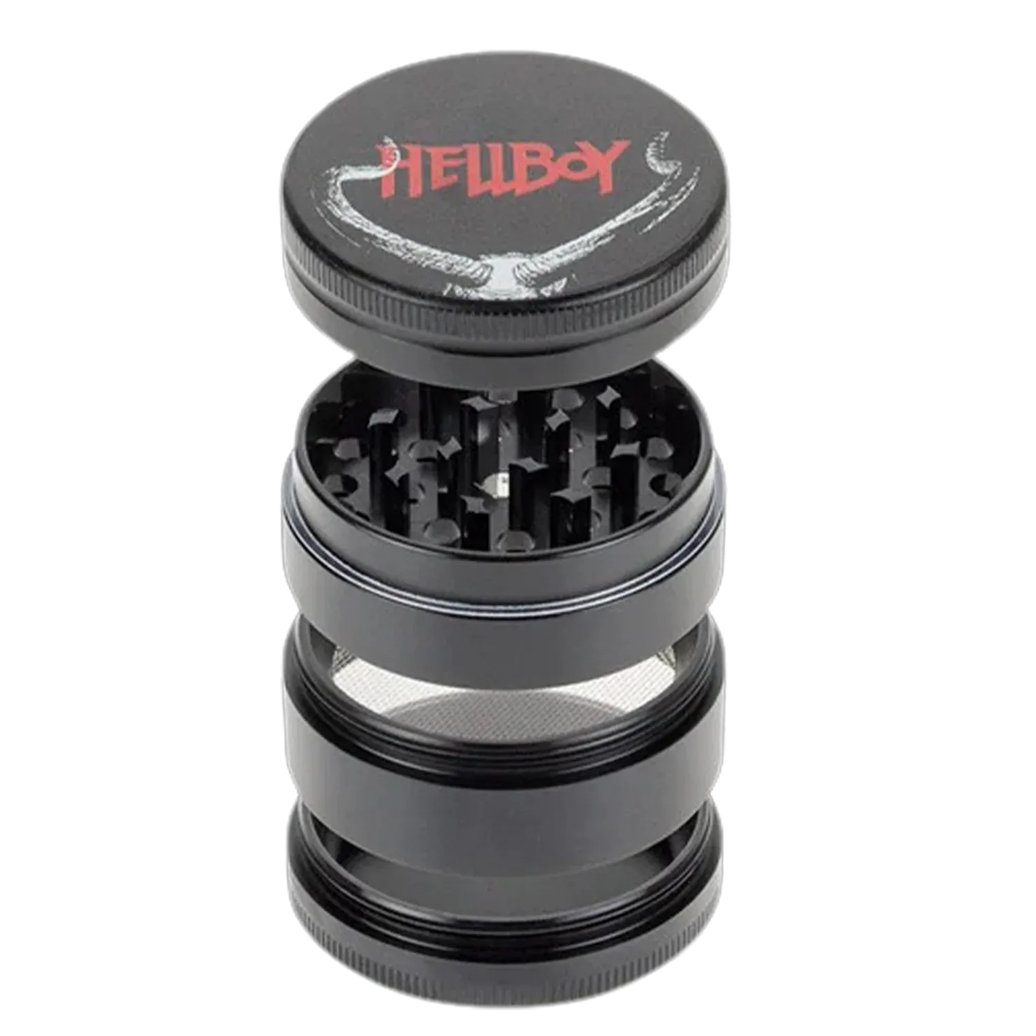 Top-down view of the open Hellboy Hörner 3-Stufen Grinder - Schwarz showing stacked black metal chambers, teeth and mesh screen.