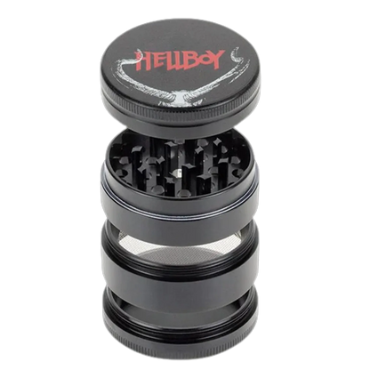 Top-down view of the open Hellboy Hörner 3-Stufen Grinder - Schwarz showing stacked black metal chambers, teeth and mesh screen.