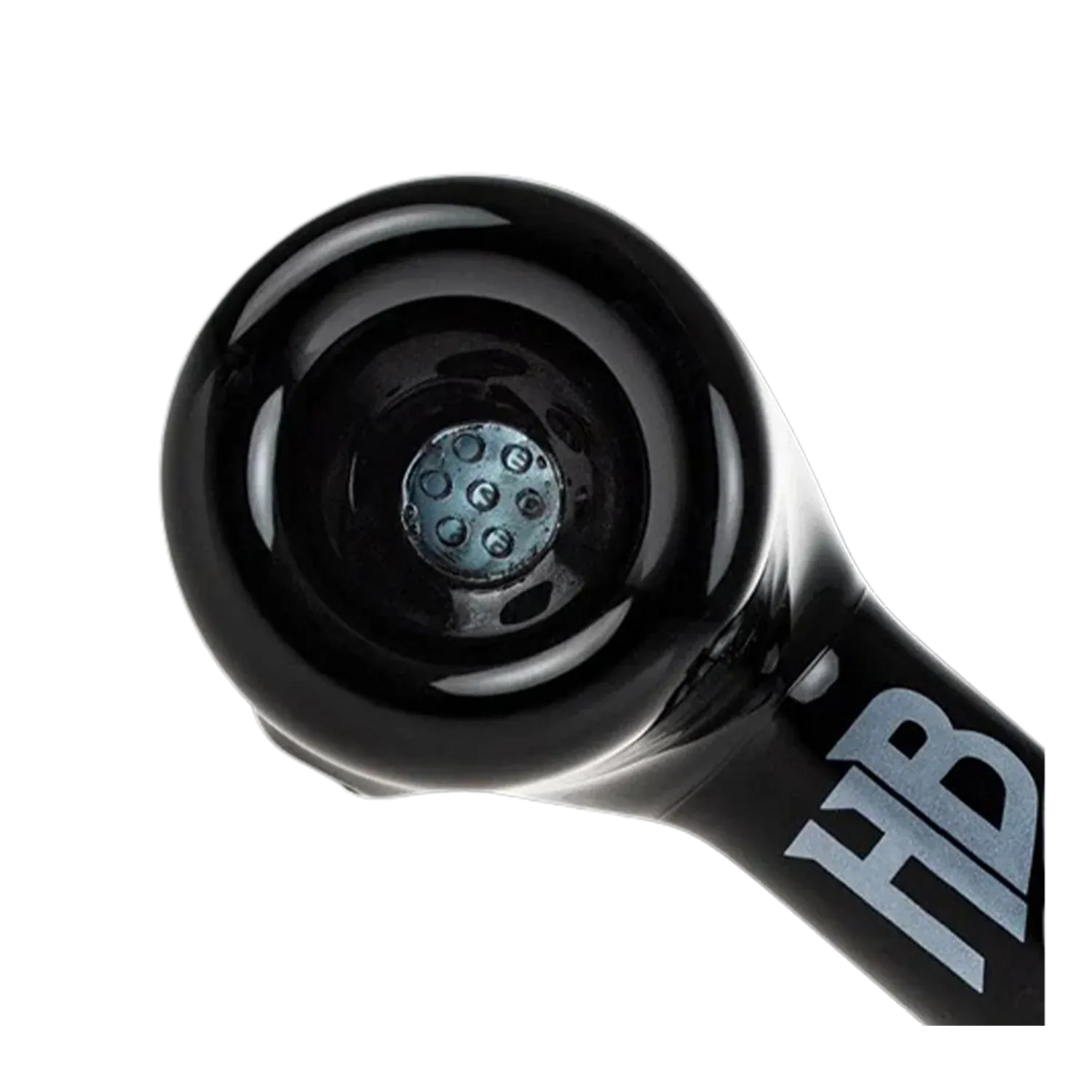 Close top-down view of the black Hellboy Paranormal Sherlock Pfeife - Schwarz - 5 Zoll bowl showing its glossy finish and perforated metal screen.