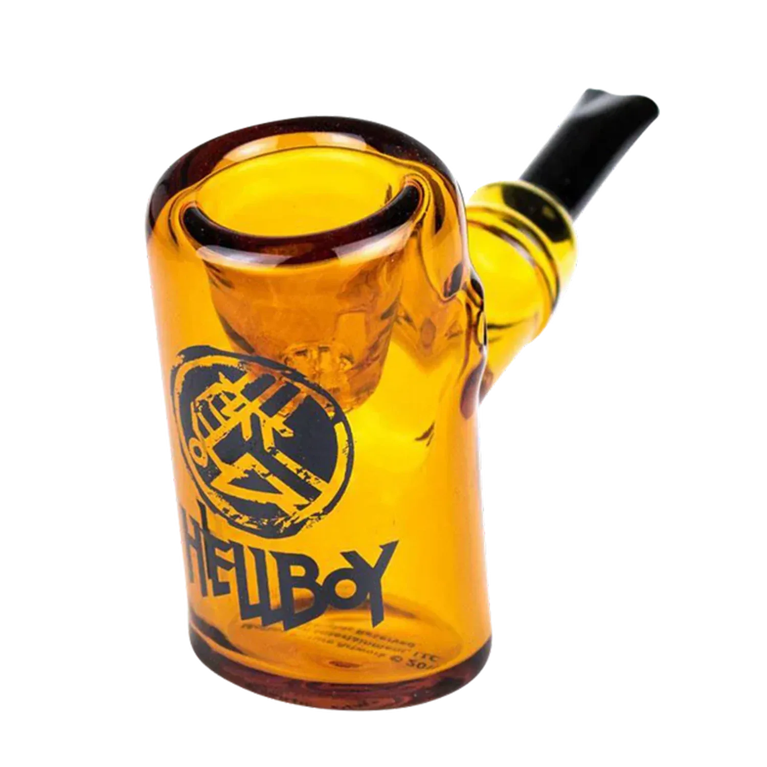 Close-up three-quarter view of the yellow Hellboy Sherlock Pfeife - Gelb glass pipe showing its rounded bowl, black mouthpiece and black Hellboy logo on the front.