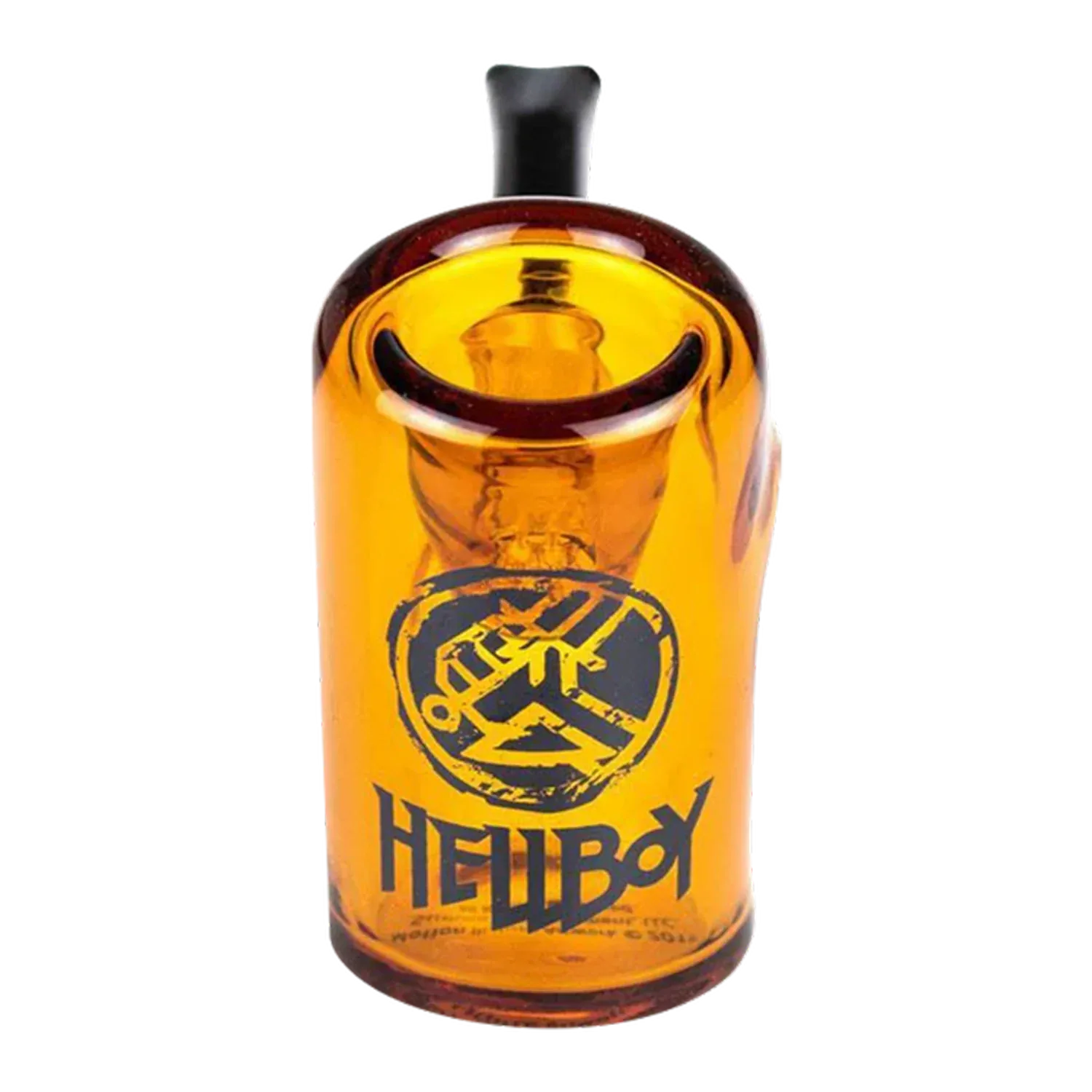 Close-up front view of the amber Hellboy Sherlock Pfeife - Gelb showing its rounded mouthpiece, printed Hellboy logo, and glossy glass surface