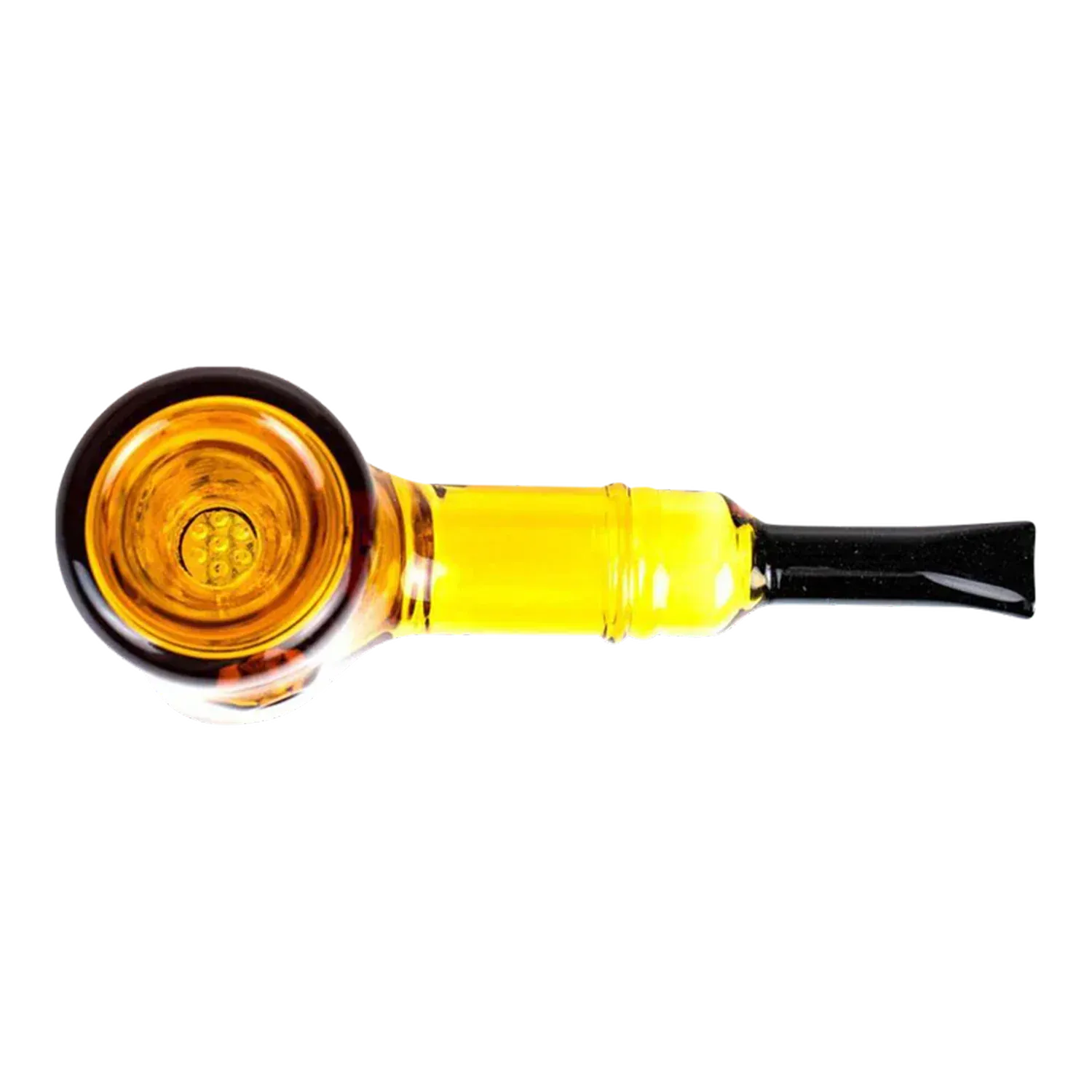 Top-down view of the yellow Hellboy Sherlock Pfeife - Gelb showing the round amber bowl and straight yellow stem with a black mouthpiece.