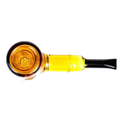 Top-down view of the yellow Hellboy Sherlock Pfeife - Gelb showing the round amber bowl and straight yellow stem with a black mouthpiece.