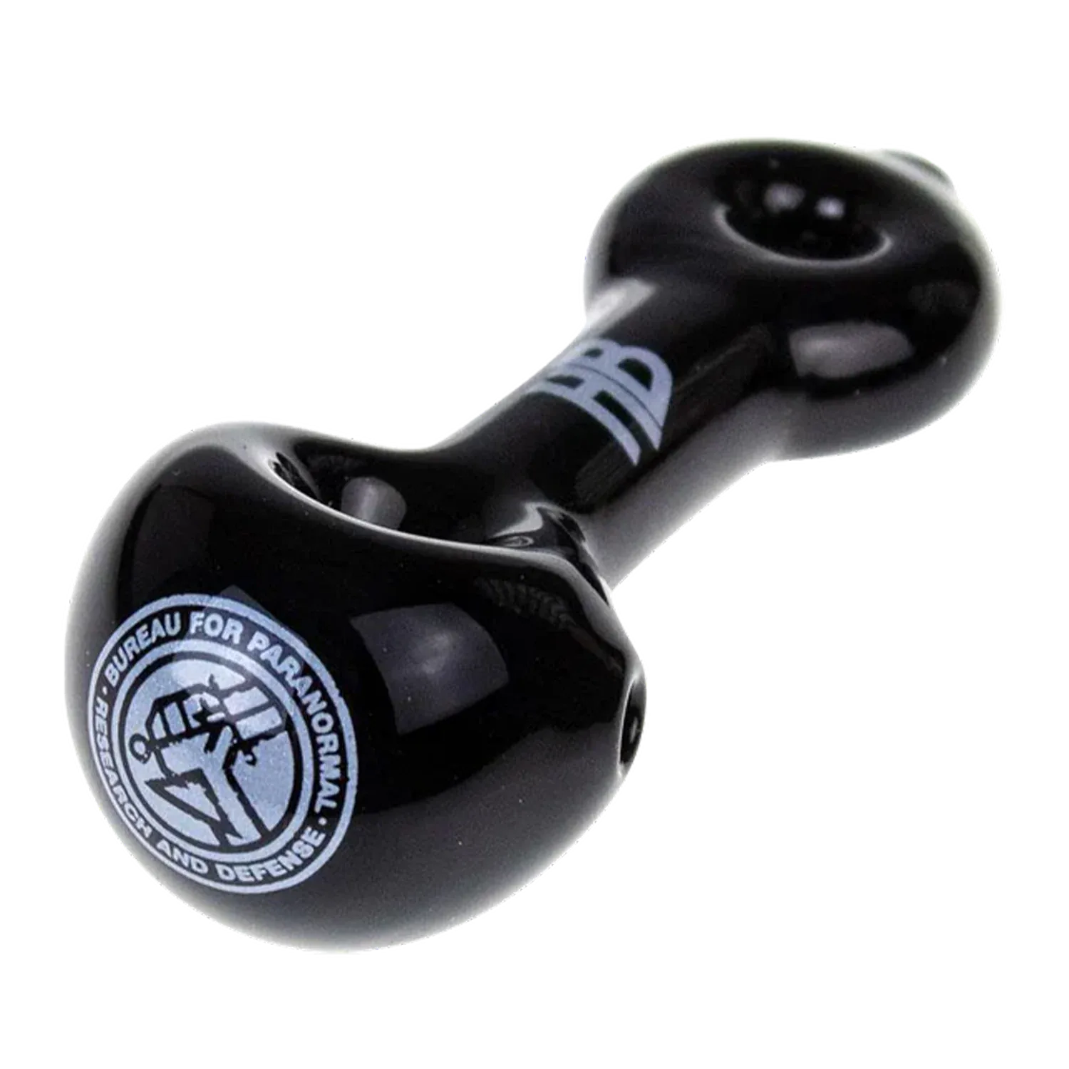 Angled close-up of the black Hellboy Sherlock Pfeife - Schwarz hand pipe showing glossy highlights and a circular white logo.