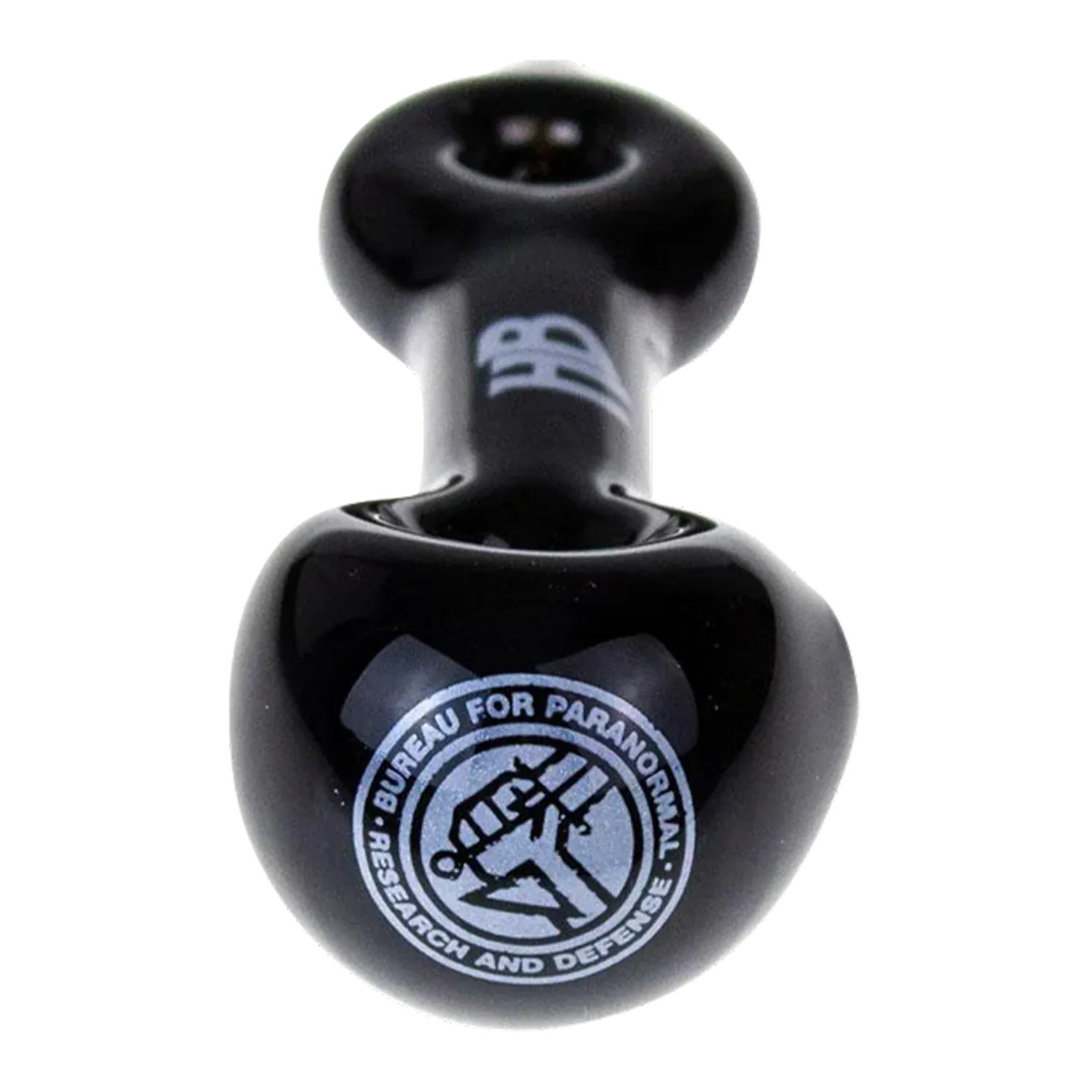 Close-up front view of the black Hellboy Sherlock Pfeife - Schwarz showing its rounded bowl and blue circular emblem on a white background