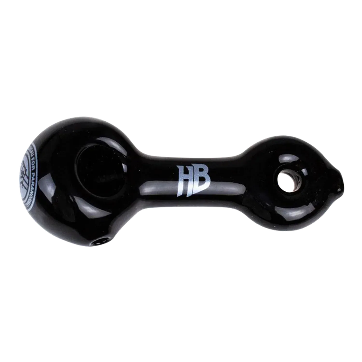 Top-down view of the black Hellboy Sherlock Pfeife - Schwarz glass pipe with a centered silver "HB" logo and glossy reflections.