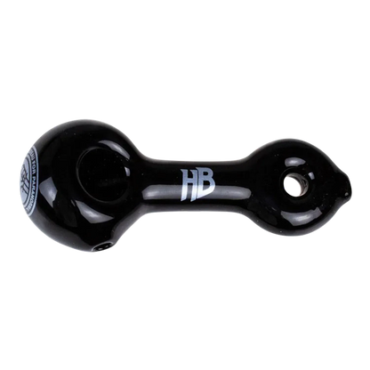 Top-down view of the black Hellboy Sherlock Pfeife - Schwarz glass pipe with a centered silver "HB" logo and glossy reflections.