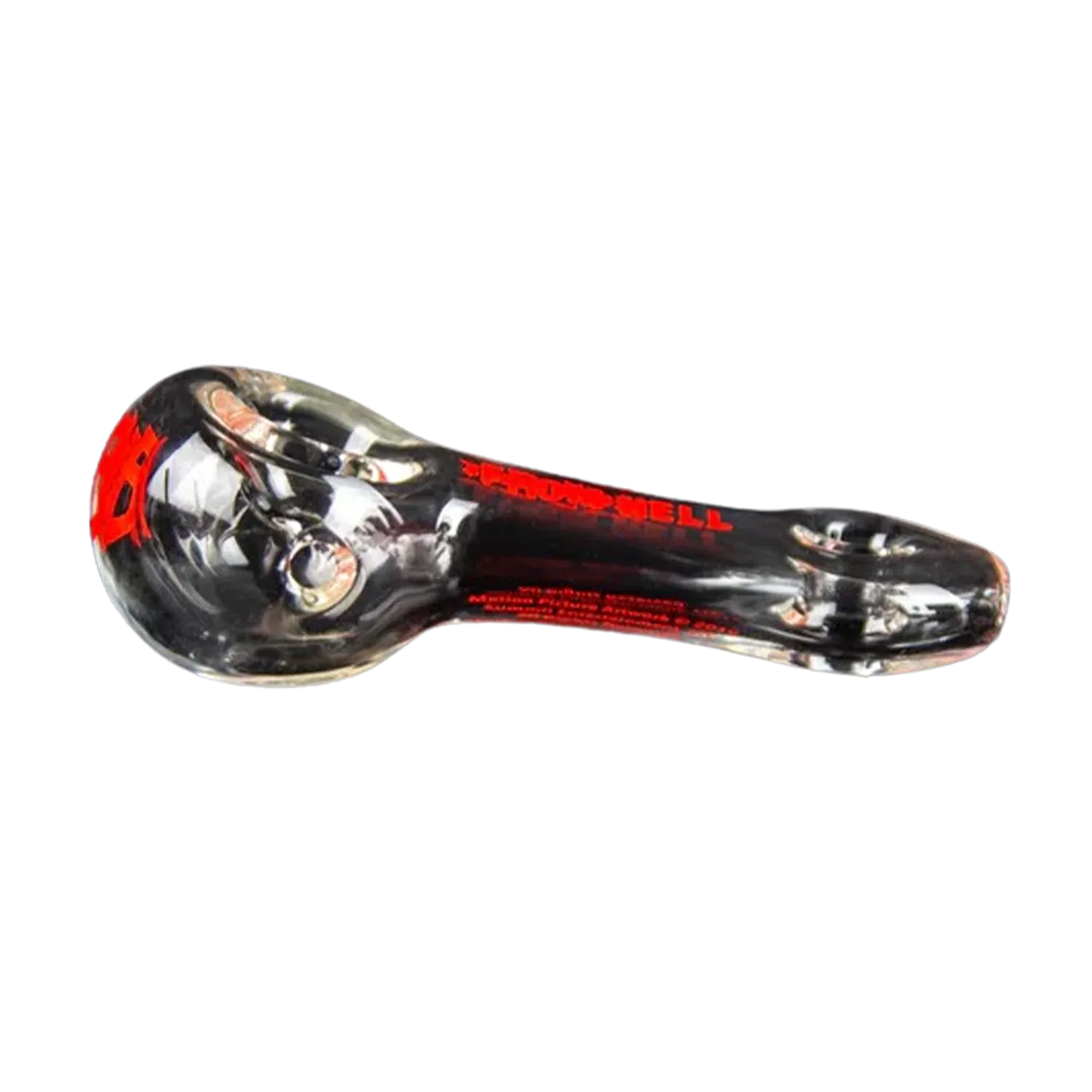 Angled top-down view of the Hellboy Sherlock Pfeife - Klar glass pipe, black with red lettering and a rounded bowl.