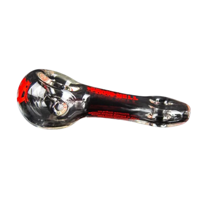 Angled top-down view of the Hellboy Sherlock Pfeife - Klar glass pipe, black with red lettering and a rounded bowl.